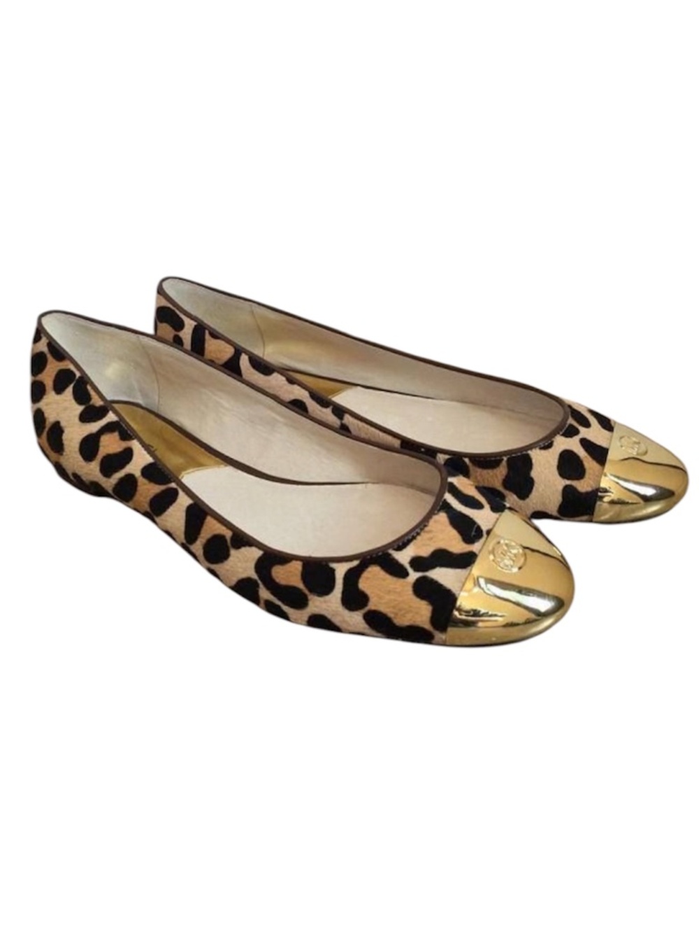 Michael Kors Leopard Print Ballet Flats Sz 10 M Round-toe Gold Tone MK Hardware - Picture 2 of 11